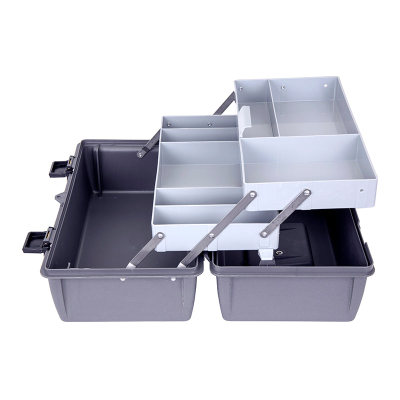 6755HS (18090-2) Utility Box with 2 Cantilever Trays with a total of 8 compartments in trays and 1 bulk storage compartment - Open Side View