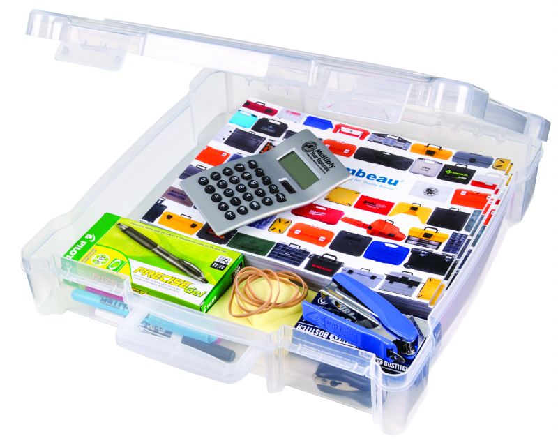 12 x 12 Clear Box With Handle open with calculator ball pen rubber bands and stapler